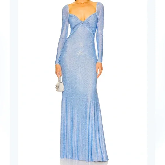 Self-Portrait Iridescent Blue Crystal Rhinestone Long Sleeve Maxi Gown Size 4 - Picture 16 of 16